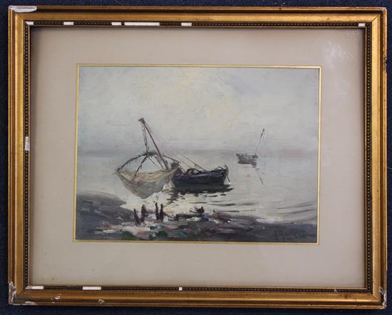 A. Matignon Fishing boats along the coast, 7 x 9.75in.